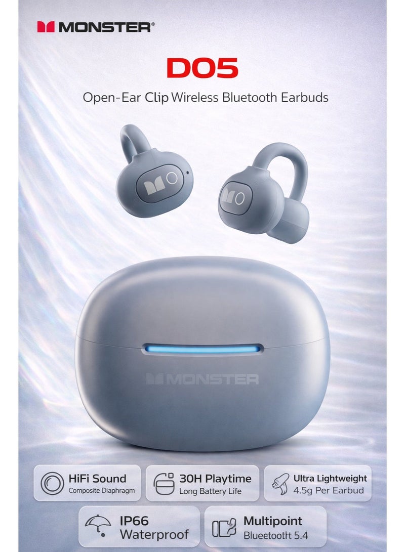 Monster D05 Open-Ear Clip Wireless Bluetooth Earbuds, HiFi Sound with Composite Diaphragm, Bluetooth 6.0, 30H Playtime, Ultra Lightweight 4.5g, IP66 Waterproof Sports Headphones for Running & Outdoor Use - Image 1